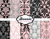 BUY 2 GET 2 FREE - Digital Scrapbook Paper Clip Art - Damask Pink Gray Black
