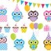BUY 2 GET 2 FREE - Birthday Party Clip Art Set - Cute Owls Party - 16 Digital Elements
