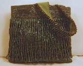 Beaded Purse Green Glass Evening Bag Looped Fringe C 1920s