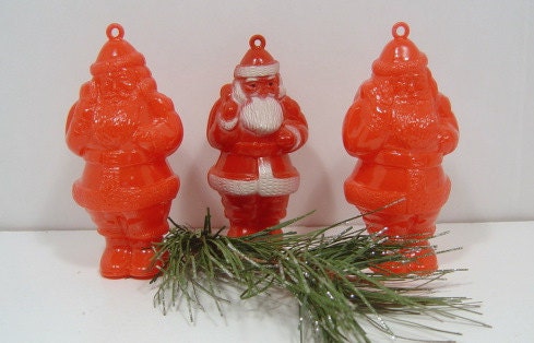 Vintage Christmas Red Plastic Santa Ornaments x 3 C 1950s