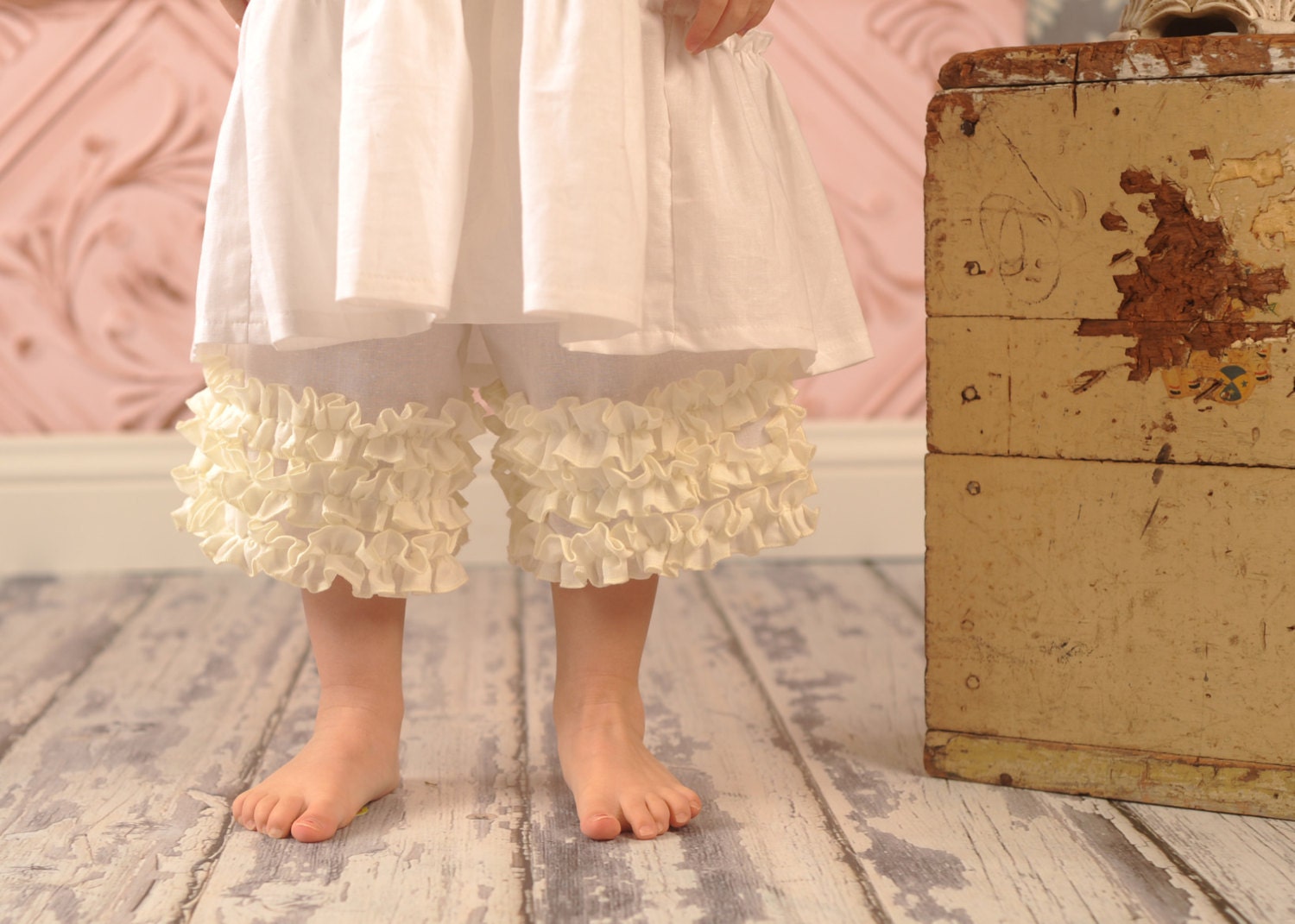 Timeless Treasures.. Triple Ruffle Linen Pants Capri length or long.  Size 12 month to size 5T