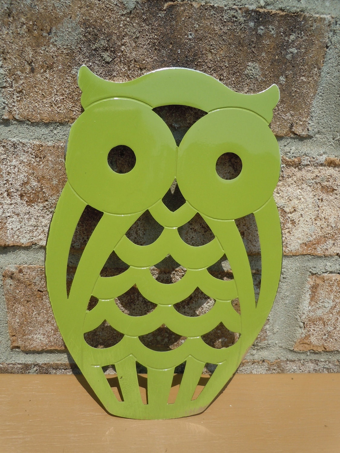 Upcycled metal owl trivet olive green kitchen by UpcycledWhimsies