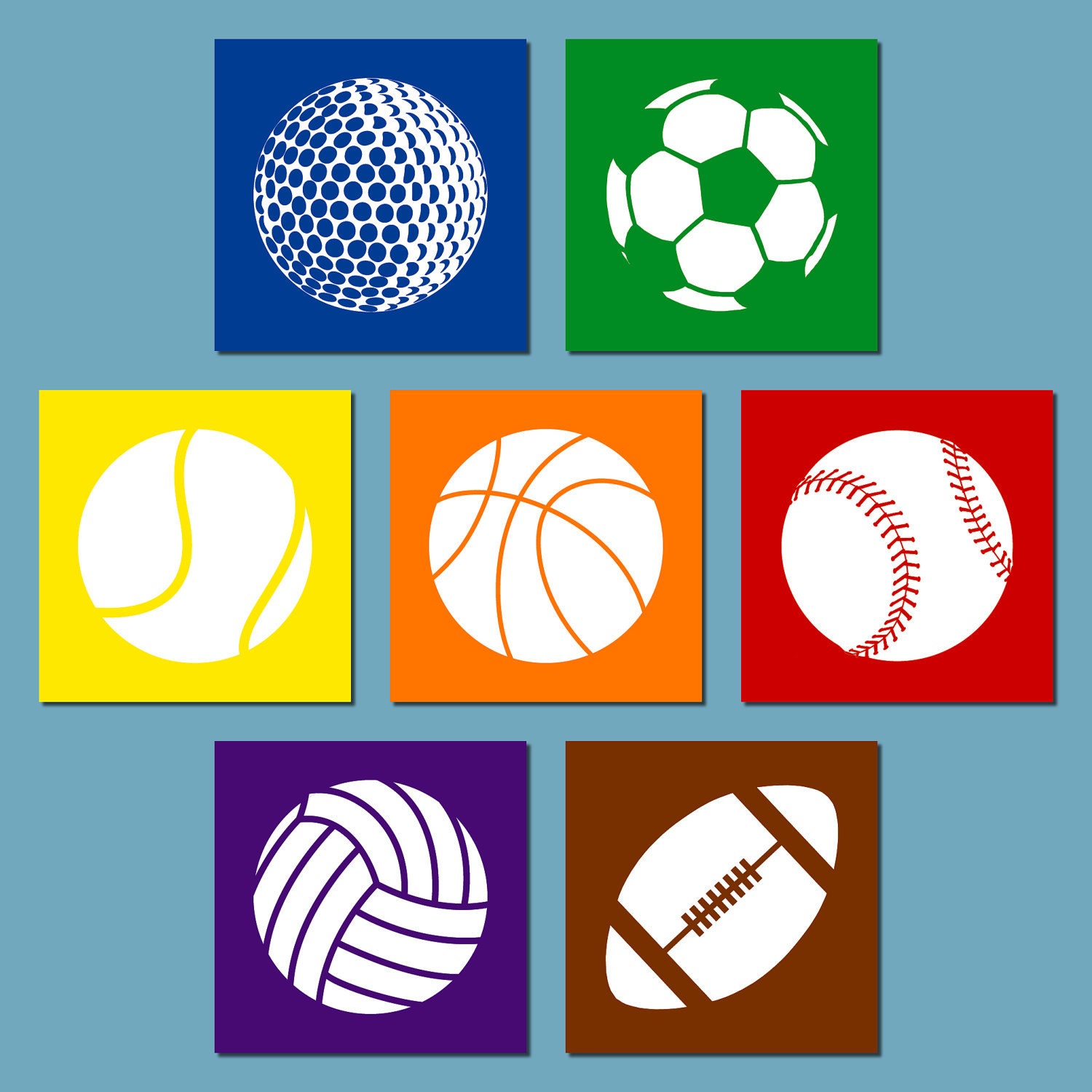 Baseball, Football, Soccer, Basketball, Volleyball, Tennis and Golf Ball Art Prints - (Set of 7) Custom 8 x 8 Posters