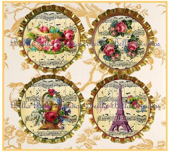 Eiffel Tower and Vintage Flowers - INSTANT DOWNLOAD Bottle Cap Designs by Bella Bella Studios Il_570xn