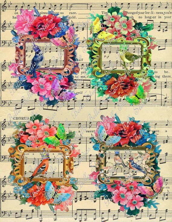 Vintage Floral Framed BIRDS with Crowns on Musical Sheet INSTANT Download PRINTABLE Sheet Il_570xn