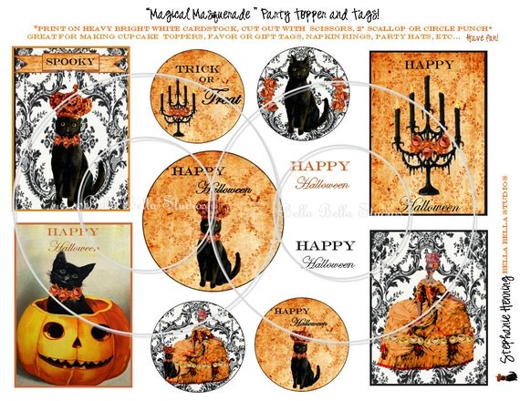Happy Halloween Party Toppers - Tags - Party Circles - Party Squares - Instant Download - PRINTABLE PARTY TAGS - Bella Bella Studios Il_570xn