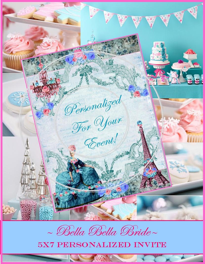 Custom PRINTABLE Bella Blue & Pink MARIE ANTOINETTE Invite 5x7 Invitation Wedding Birthday Bridal Shower Anniversary - Bella Bella Studios Il_570xn