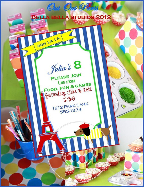 Oui Oui Paris - CUSTOMIZED PRINTABLE INVITATION - Eiffel Tower - Painting Party - Art Party - Dog - Birthday - Bella Bella Studios Il_570xn