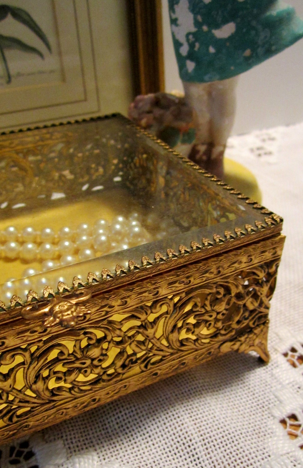 24K Gold Plated Matson Filigree Jewelry Casket Box - Shabby Chic