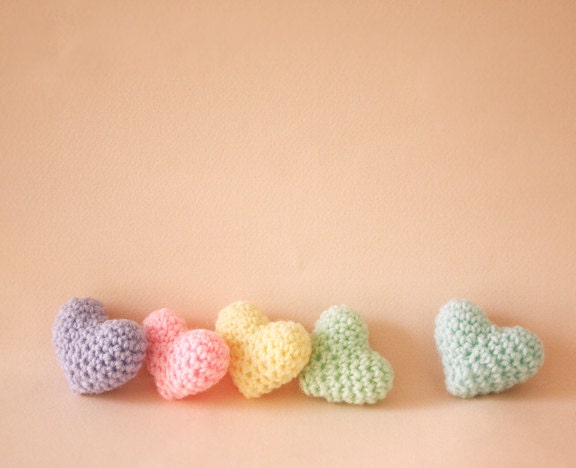 Set of 5 Crocheted Amigurumi Hearts in Sweet Pastel Colors - Lavender, Pastel Pink, Pastel Yellow, Mint Green, Pastel Blue