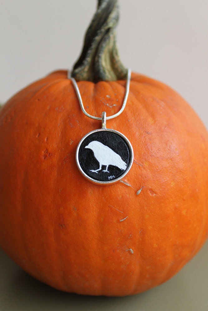 Hand Painted Original Halloween Raven Necklace Pendant Silhouette Crow Black White