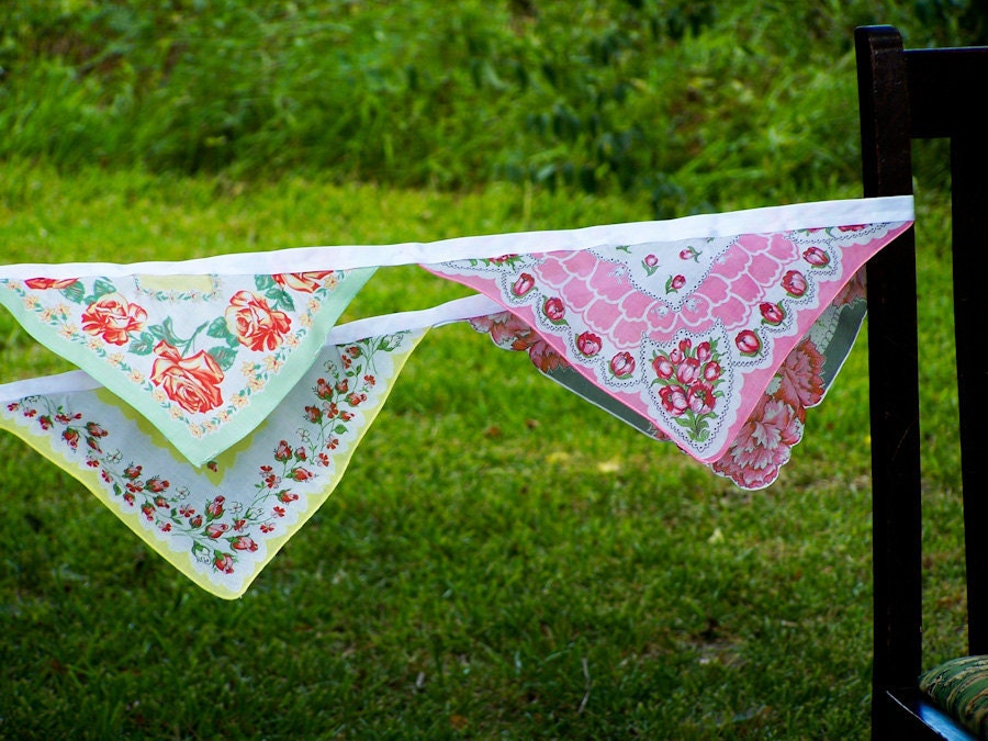 Vintage Hankies Bunting Banner Pink Floral Hanky Garland 12 Feet Long