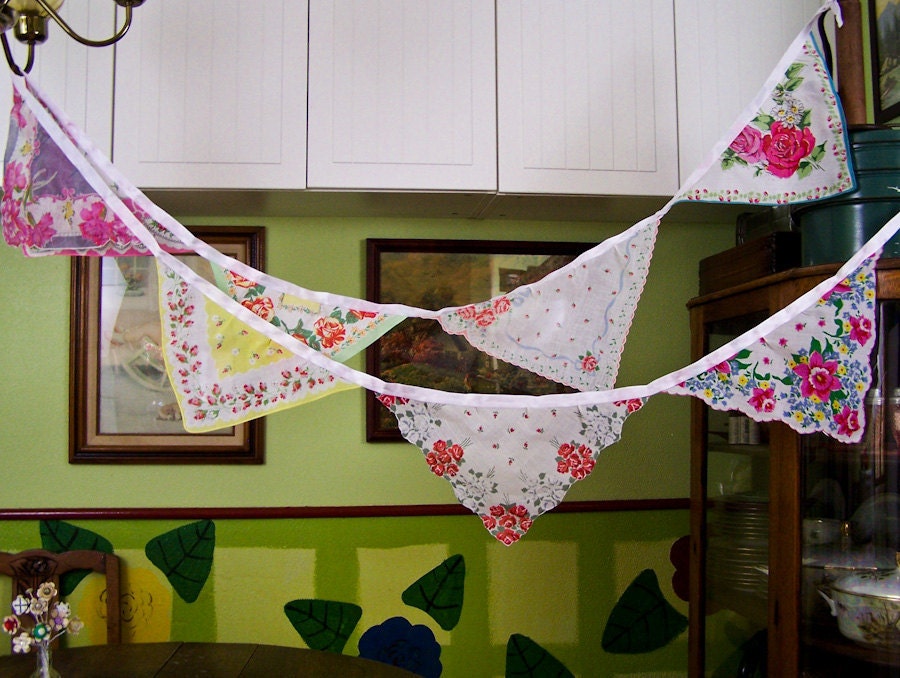 Vintage Hankies Bunting Banner Pink Floral Hanky Garland 12 Feet Long