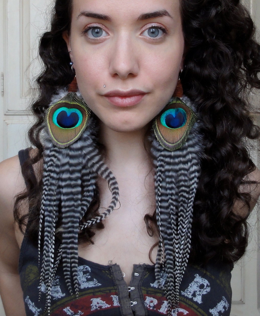 Extra Long & Full Grizzly Peacock Feather Earrings - Handmade Sterling Silver Ear Wires