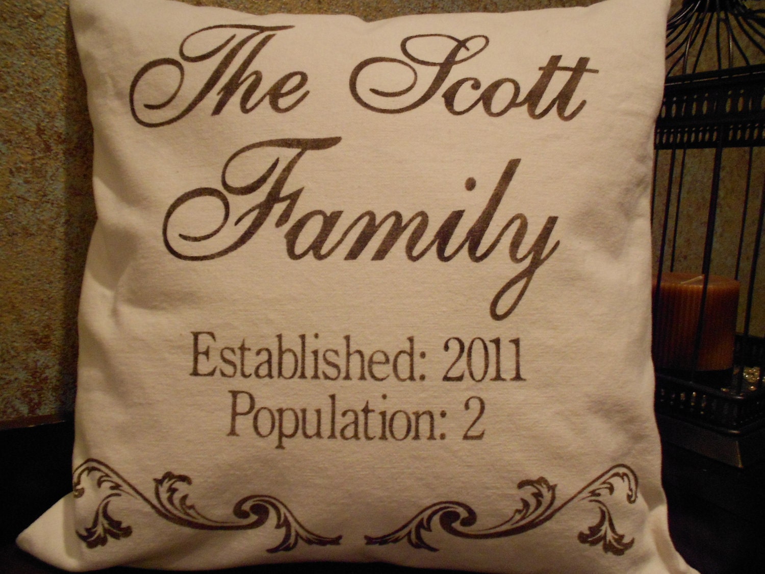 Personalized family pillow cover with name and established date and population - 16" natural/cream cotton - Pillow Insert Sold Separately