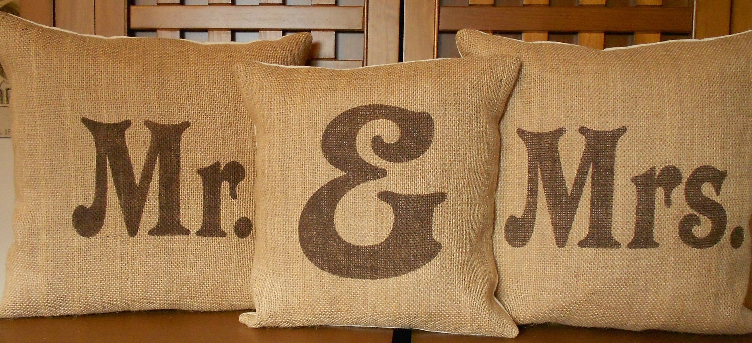 Mr & Mrs burlap pillow covers - set of 3 handpainted  with "Mr " and "Mrs" and ampersand pillow covers - Pillow Inserts Sold Separately