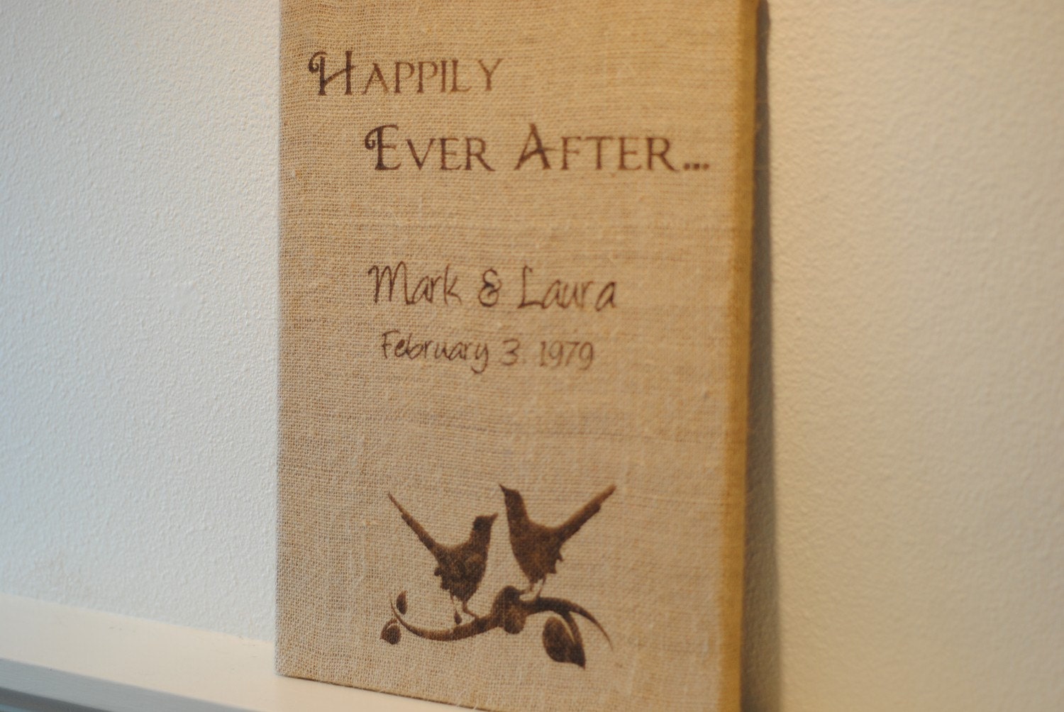 Burlap wall decor - lovebirds, Happily Ever After and personalized with names and wedding date - 12X16