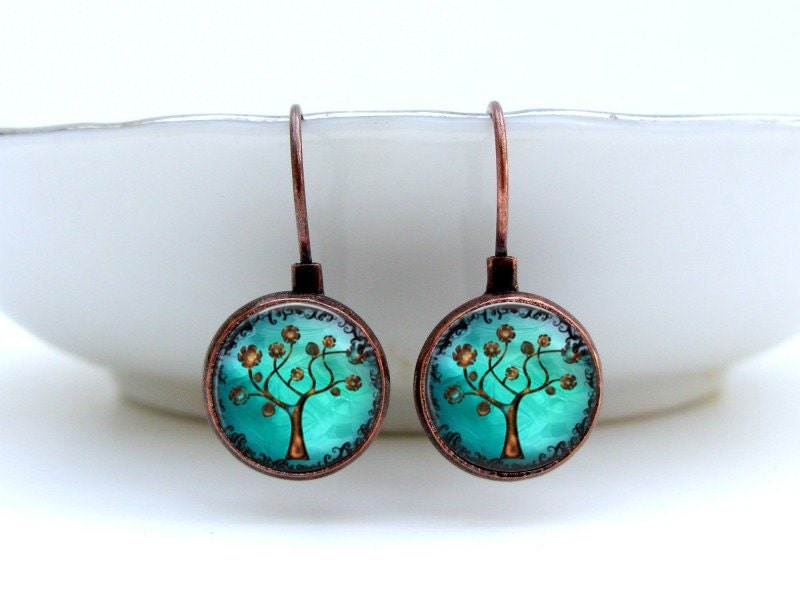 Copper Tree Earrings Glass Art Earrings in Vintage Copper Picture Earrings Photo Earrings