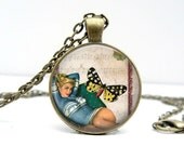 Butterfly Pinup Necklace Glass Dome Art Picture Pendant Photo Pendant Handcrafted Jewelry by Lizabettas