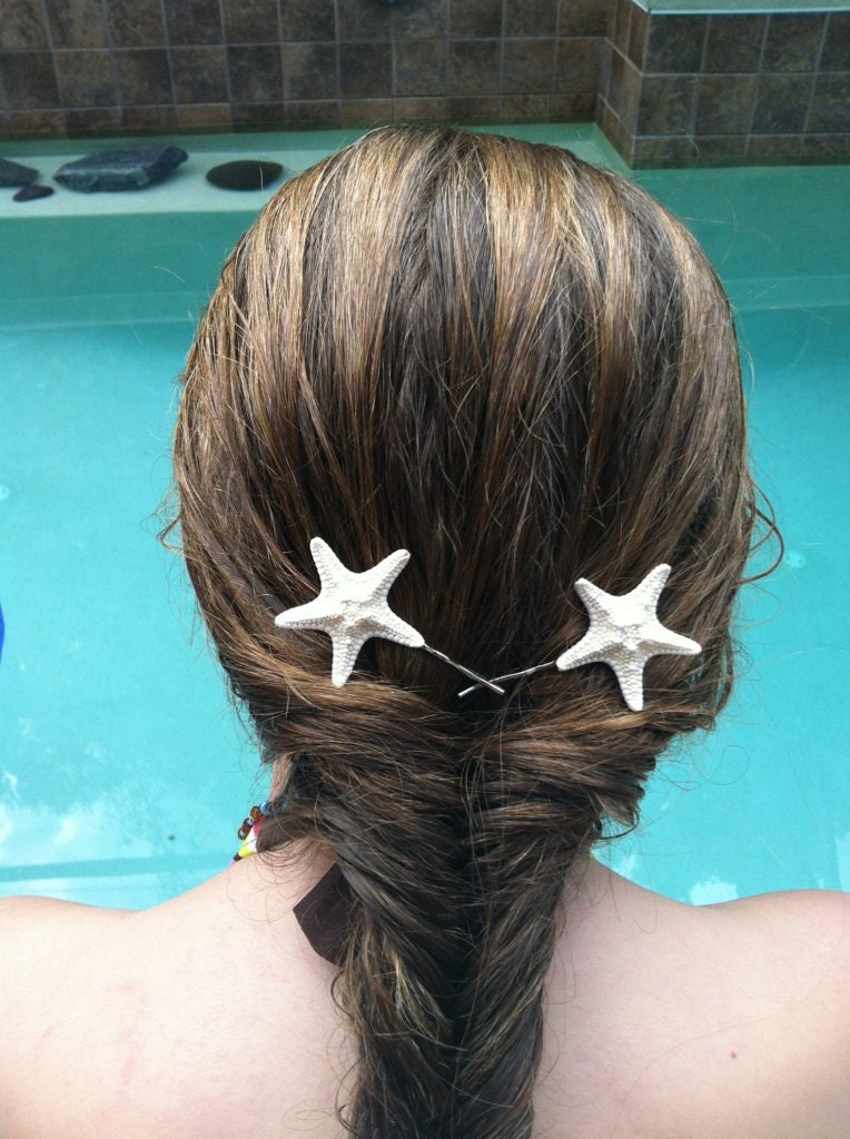 Tiny Natural White Knobby Starfish on craft bobby pins - set of two - by IndianSummerGirls