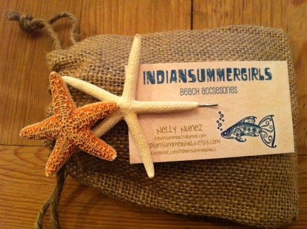Gift Set - Small Natural Thin Finger Starfish and small sugar starfish on craft bobby pins GIFT SET by IndianSummerGirls