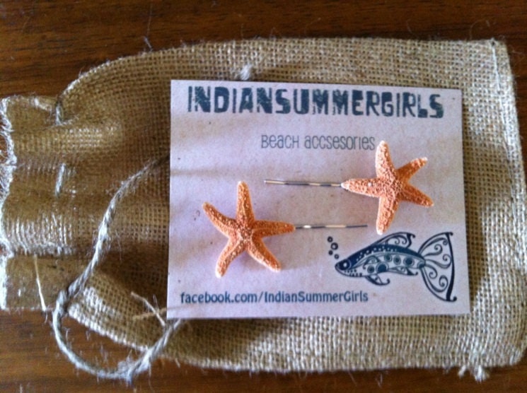 Two Small Natural Sugar Starfish on craft bobby pins by IndianSummerGirls