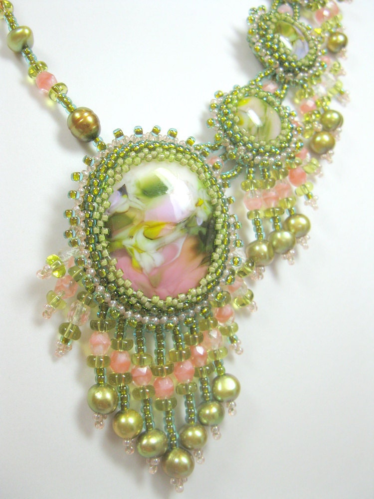 Sprite - A lampwork cabochon necklace with freshwater pearls and fire polished crystals.