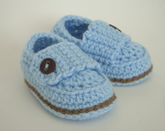 Crochet Baby Boy Button Loafers - Baby Blue & Brown Booties