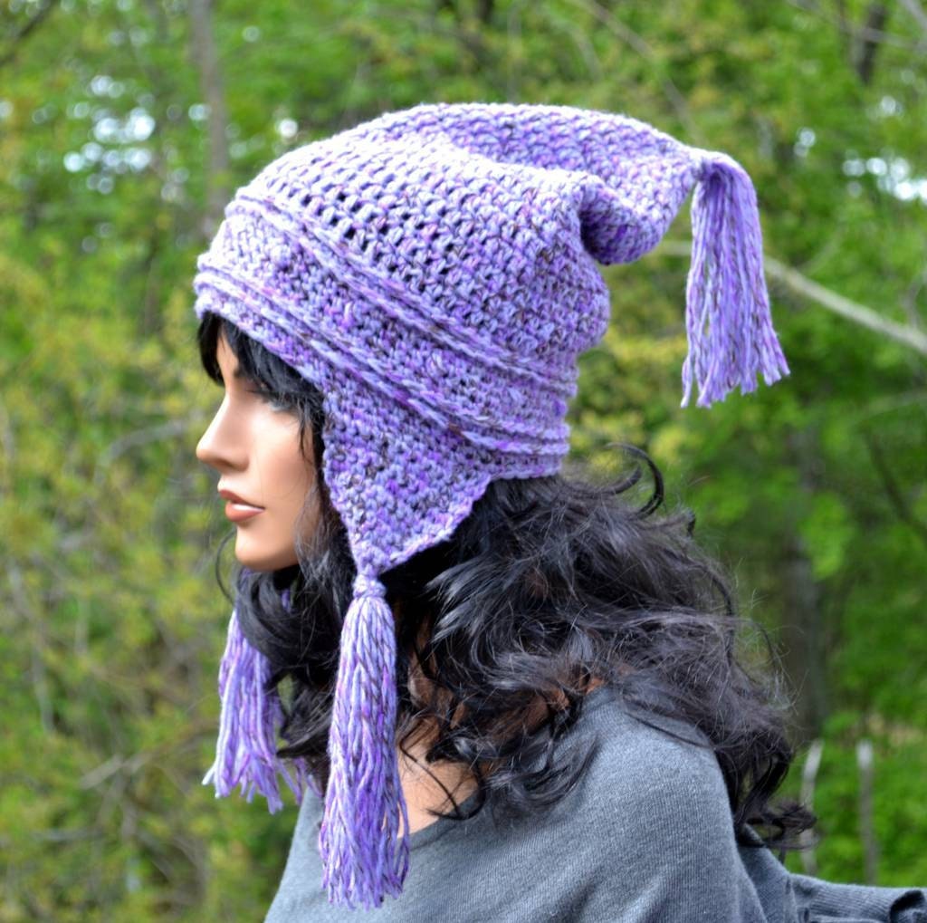 Pointed Gnome Ear Flap Hat Lavender Purple Glittery Viking Warrior Helmet Fantasy Hat Tassels in Lilac Hand Crochet Men Women