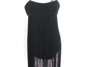Vintage 80s 1920s FLAPPER long fringed tassle black dress US 6 UK 8