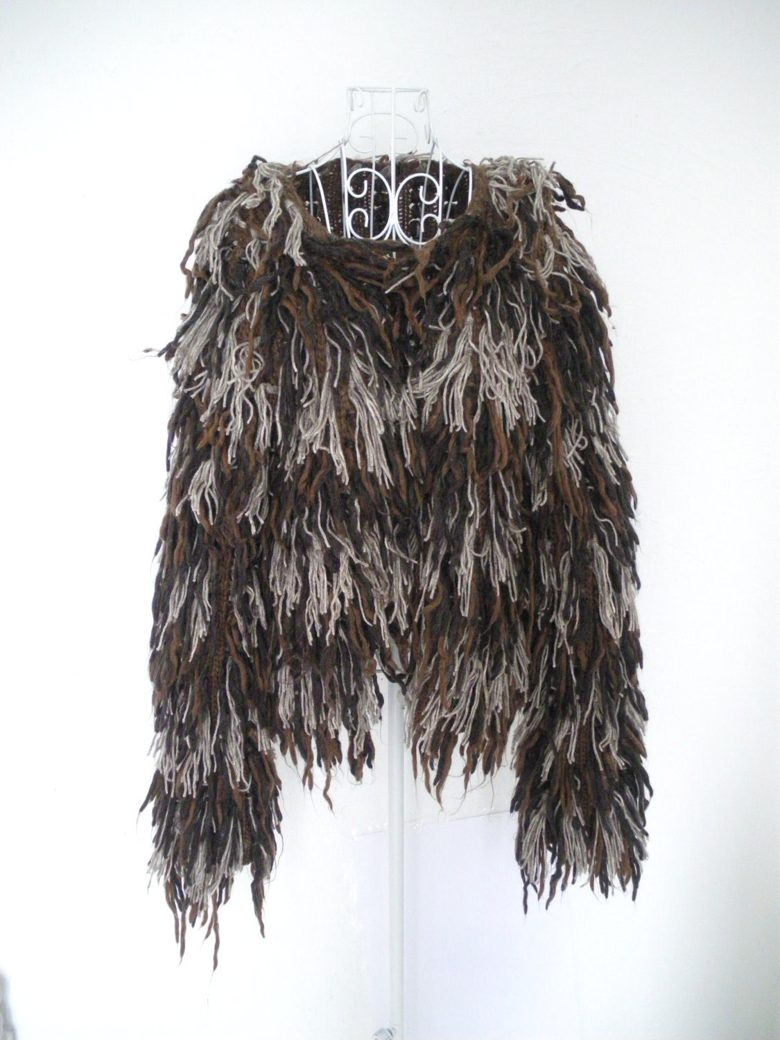 SALE Vintage 70s Crochet loopy knitted Fringe tassle shaggy slouchy coat jacket cardigan angel sleeve sweater S