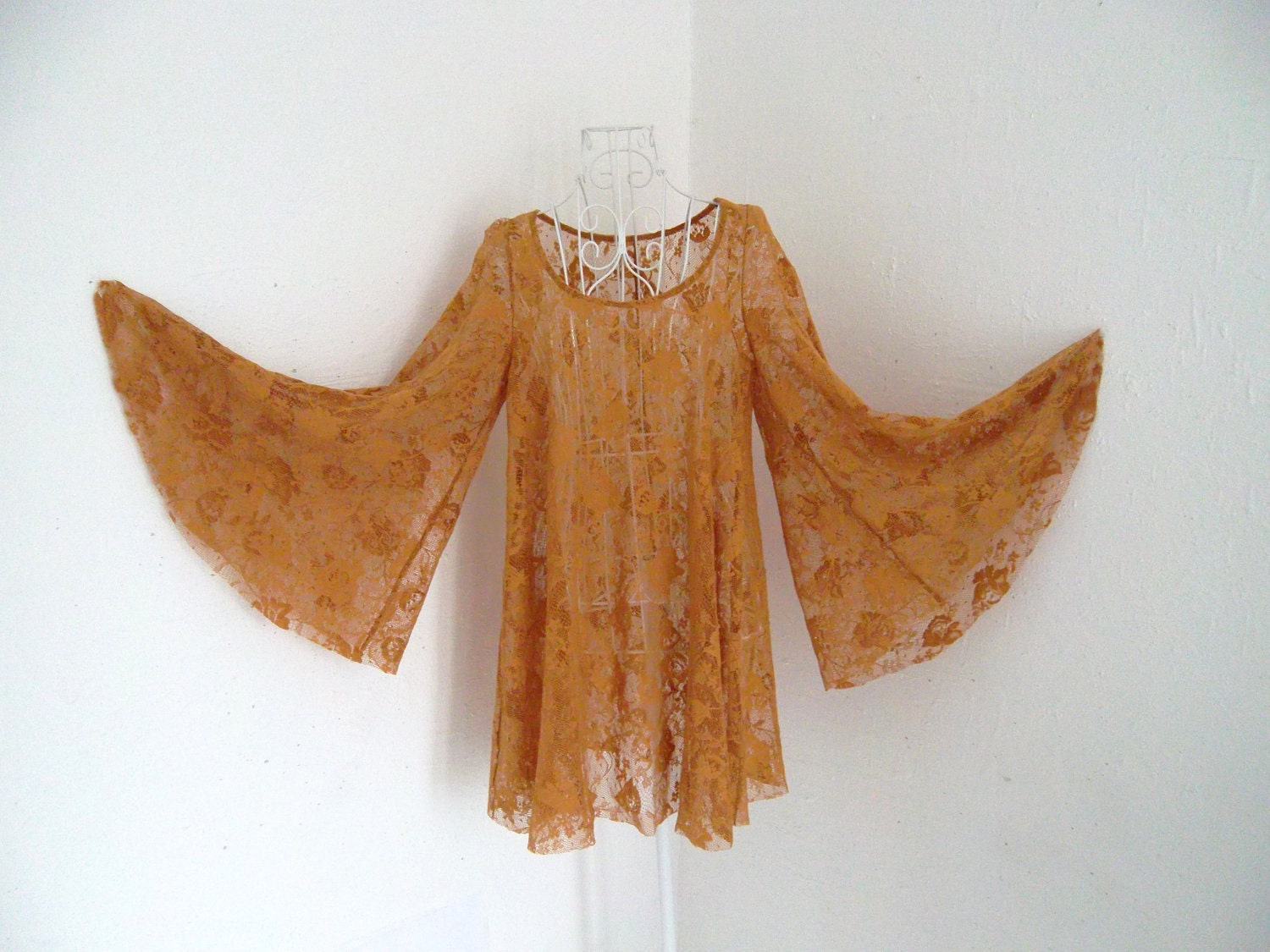 Vintage 70s gauze mesh lace smock crochet top mini dress Angel Bell flutter Sleeve hippie bohemian shirt 10 8
