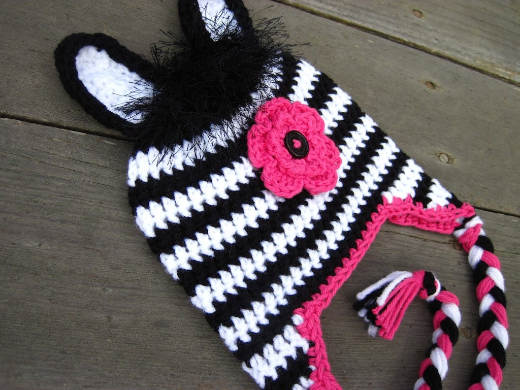 Zebra Crochet Hat Pattern PDF - fun to make for gifts - complete instructions for beanie, earflap, braids, ties