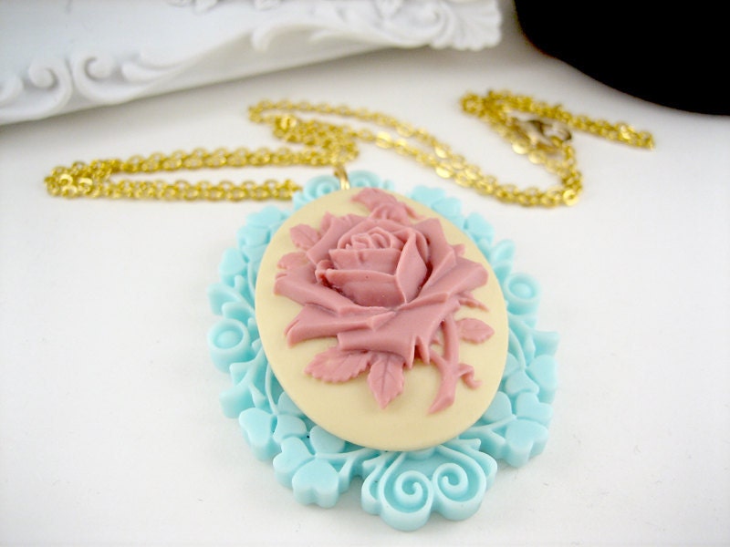 Floral Cameo Necklace - Baby blue, pink, and cream