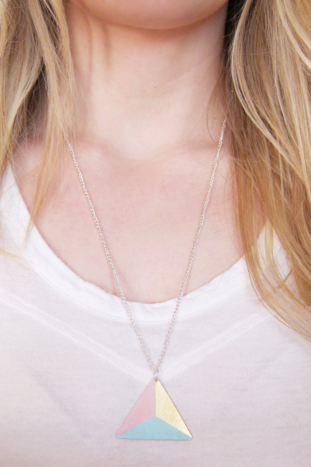 Three Colour Triangle Necklace (Blue - Pink - Bronze) - Modern Geometric Jewellery