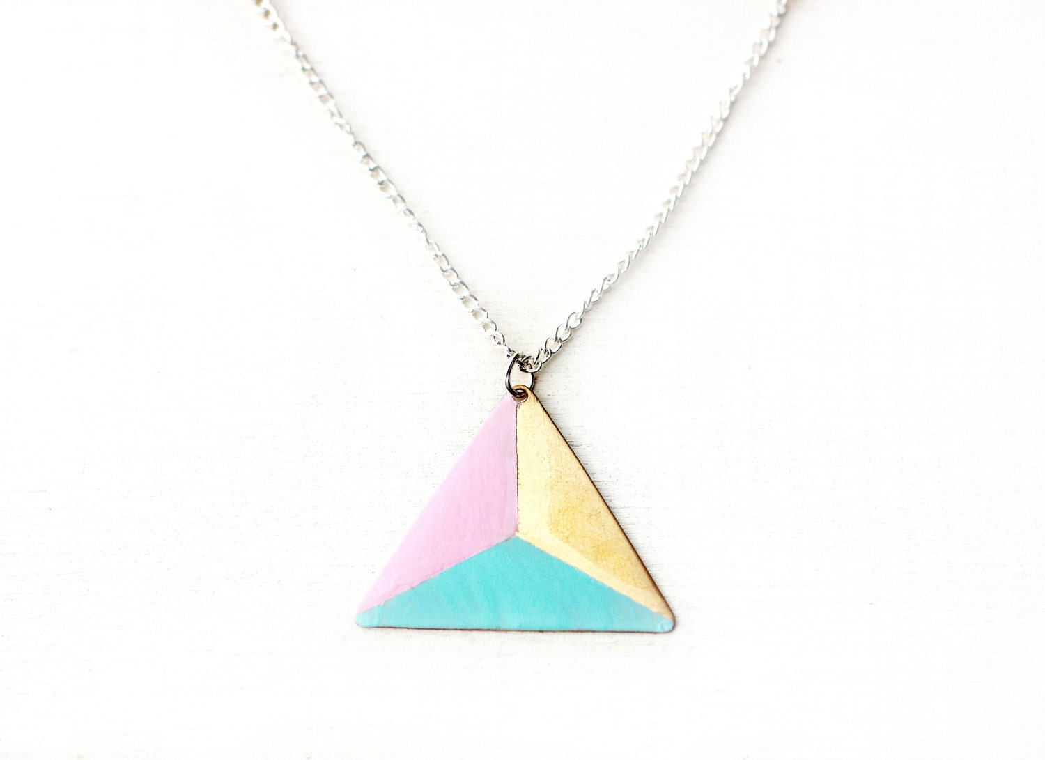 Three Colour Triangle Necklace (Blue - Pink - Bronze) - Modern Geometric Jewellery