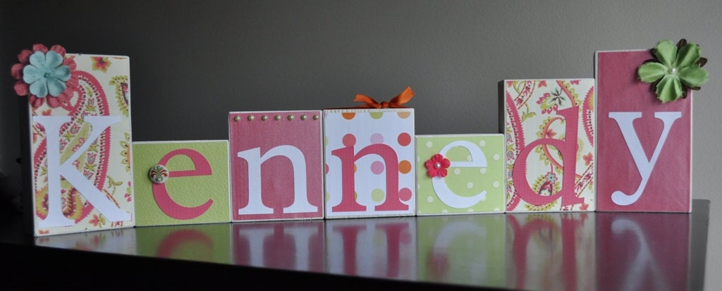 Custom Decor Blocks- Pink and Green Paisley
