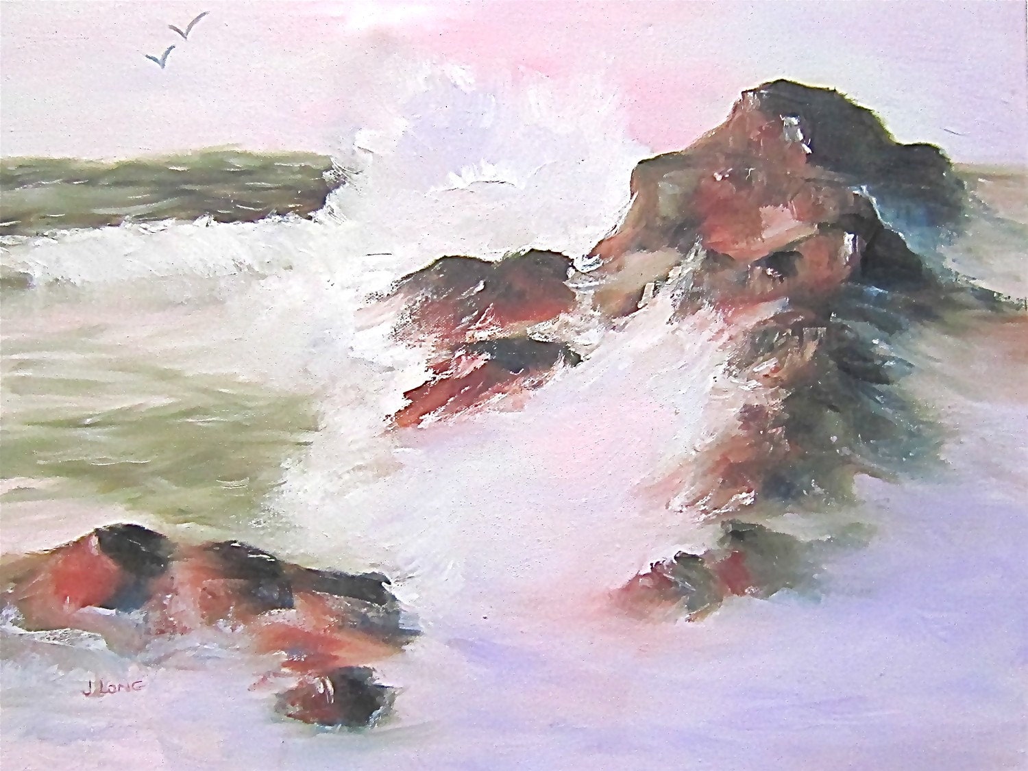 Painting Print Seascape pink green rust white waves brown rocks sea birds 'Ocean Sunrise'