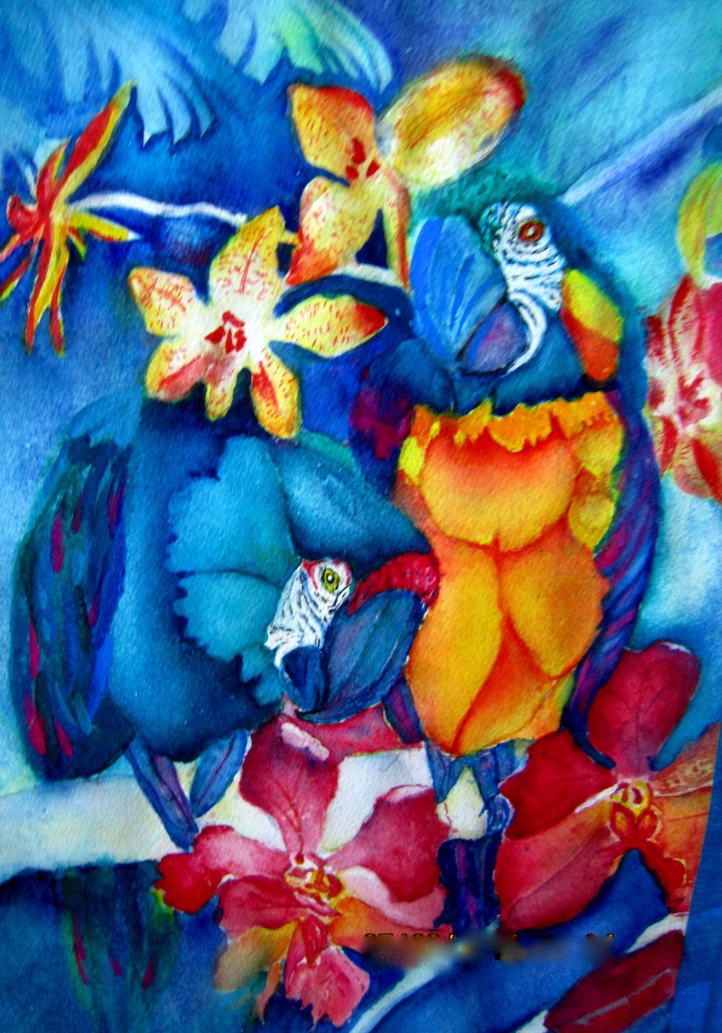Watercolor Print  'Tropical Birds' Orchids 2012 Pantone colors