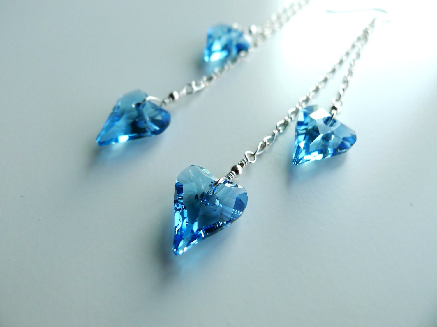 Light Blue Wild Heart Swarovski Dangle Earrings in Sterling Silver, Aquamarine Crystal Double Hearts Two 2 Bridal Bridesmaid Custom Jewelry