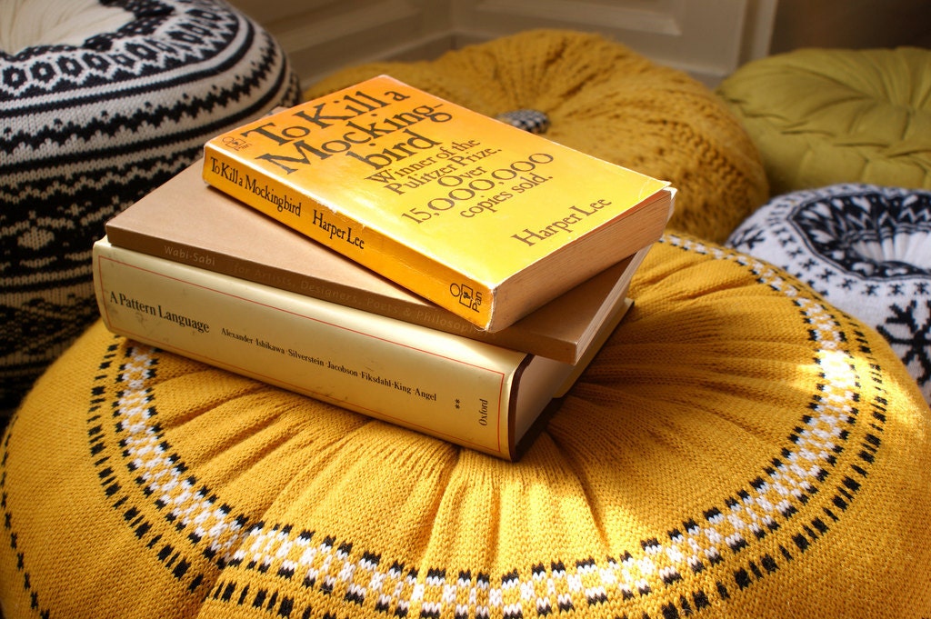 LARGE Upcycled Eco knit fairisle, cable floor cushion pouf hassock, Fair Isle ochre mustard yellow gold black and white
