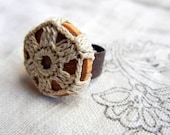 Lace wrapped rings - vintage wood & recycled crochet doily, wooden cocktail statement ring