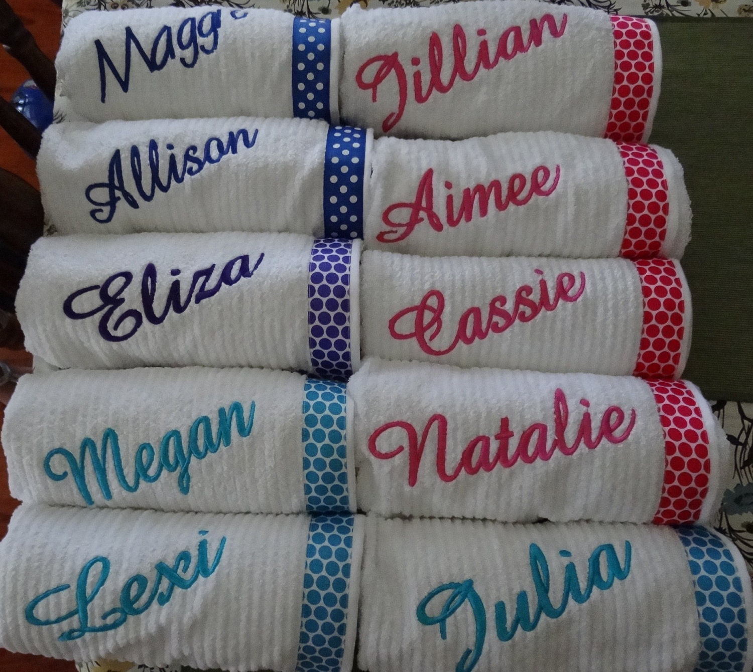 Limited Time Only - 6 Towel Wraps Embellished with Ribbon (includes embroidery)