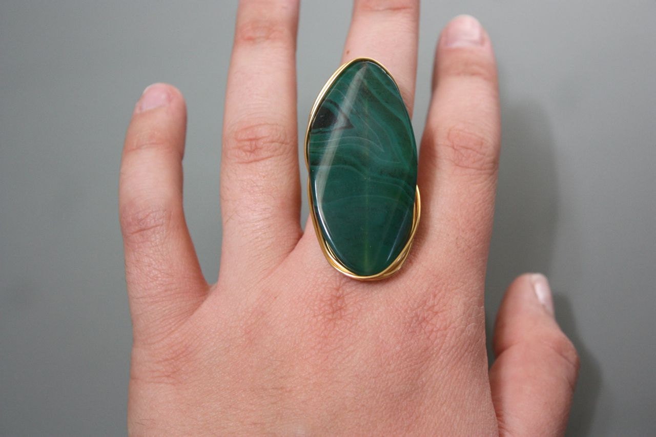Jade Stone on Gold Copper Wire Wrapped Ring