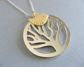 Round Tree and Gold Bird Necklace in Silver, Tree of Life with Sparrow