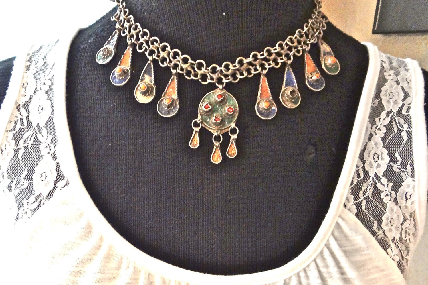 Antique Tribal Moroccan Renaissance Necklace RARE Silver Bib Necklace