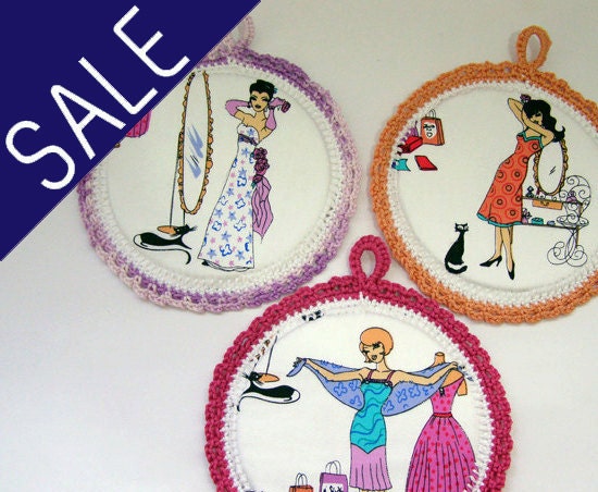 SALE - Buy 2 Get 1 Free - Wall art for girls. Fancy Ladies - Three Fabric Pictures in a Crochet frame