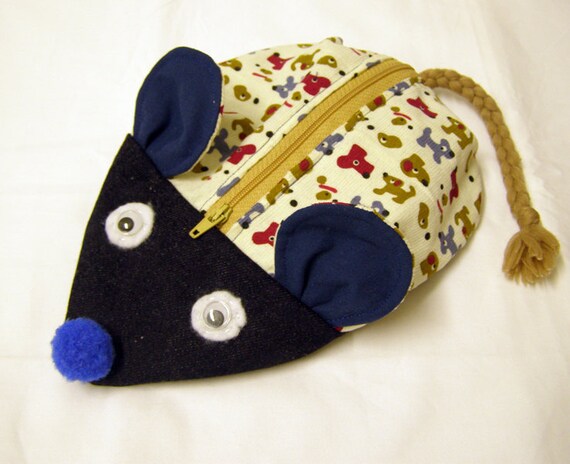 Zipper Pencil Case - Mouse Bag - Puppies print fabric and Jeans - Back to School