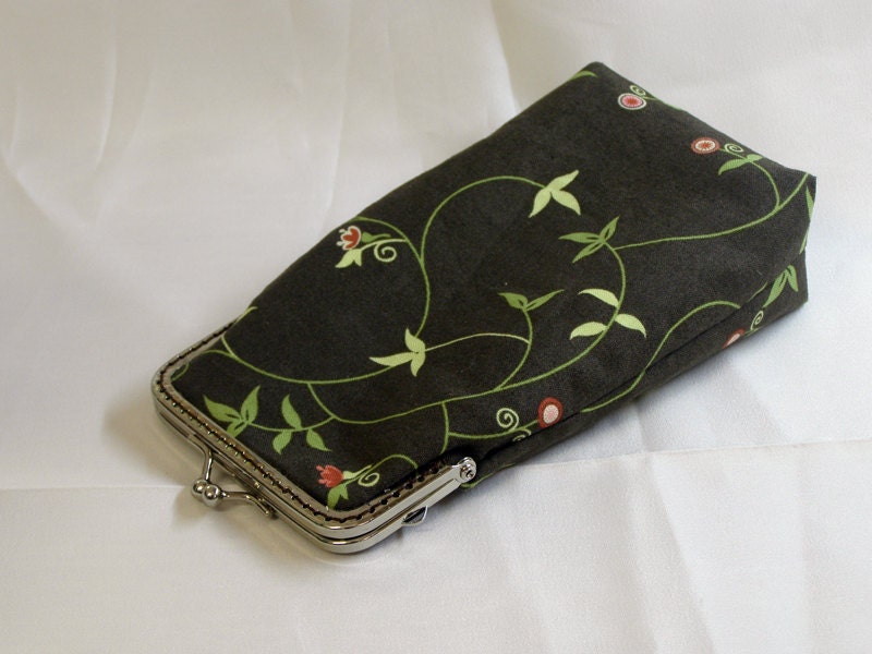 Sunglass Case - Brown and Green cotton - Silver Frame