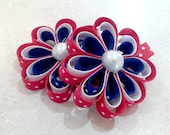 Fourth of July Hair Bows Flower Clip Set of 2 Small Red White ad Blue Ribbon Flowers for Baby or Toddler